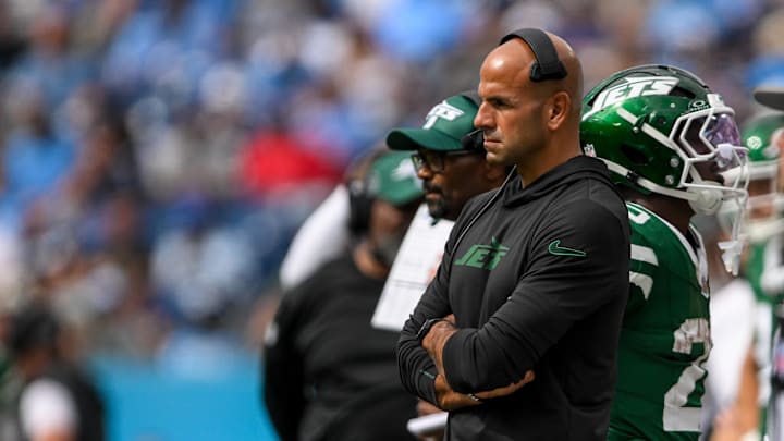 Sep 15, 2024; Nashville, Tennessee, USA;  New York Jets head coach Robert Saleh watches his team against the Tennessee Titans during the second half at Nissan Stadium.