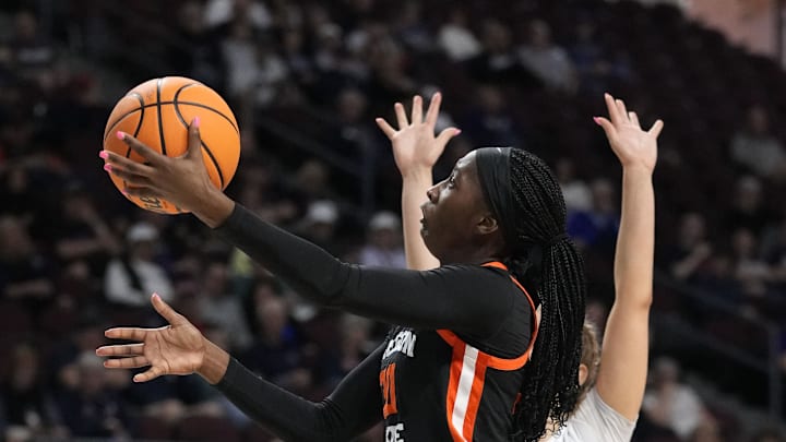 March 11, 2025; Las Vegas, NV, USA; Oregon State Beavers guard Catarina Ferreira (30) shoots the basketball against the Portland Pilots during the first half in the final of the West Coast Conference tournament at Orleans Arena. Mandatory Credit: Kyle Terada-Imagn Images