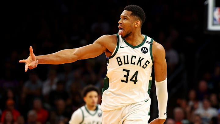 Mar 24, 2025; Phoenix, Arizona, USA; Milwaukee Bucks forward Giannis Antetokounmpo (34) reacts after a play during the second quarter against the Phoenix Suns at Footprint Center. Mandatory Credit: Mark J. Rebilas-Imagn Images