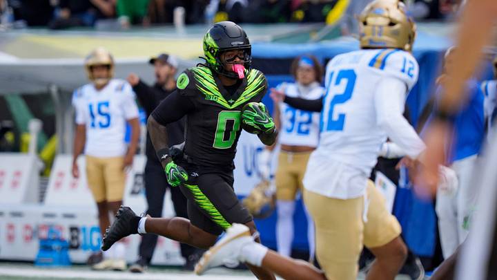 Oregon running back Jordon Davison carries the ball as the Oregon Ducks host the UCLA Bruins on Oct. 10, 2026, at Autzen Stadium in Eugene, Oregon.
