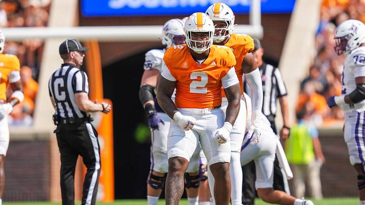 Tennessee defensive lineman Xavier Gilliam (2) celebrates making a sack during a Tennessee football game against Furman at Neyland Stadium in Knoxville, Tenn., on Sept. 5, 2026.