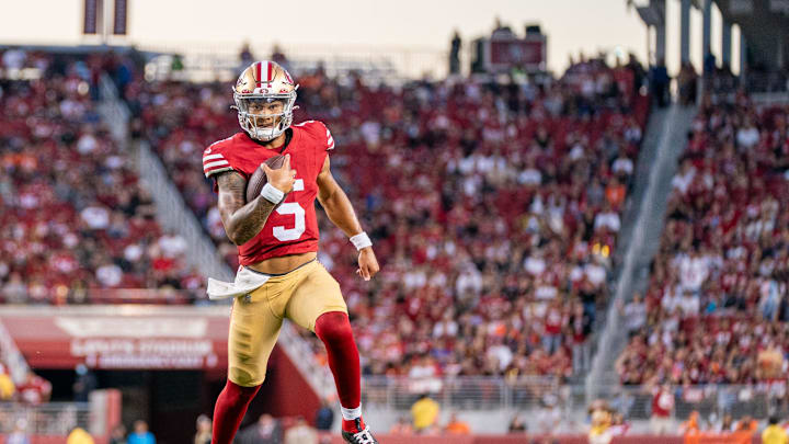 August 19, 2023; Santa Clara, California, USA; San Francisco 49ers quarterback Trey Lance (5) during the fourth quarter against the Denver Broncos at Levi's Stadium. Mandatory Credit: Kyle Terada-Imagn Images