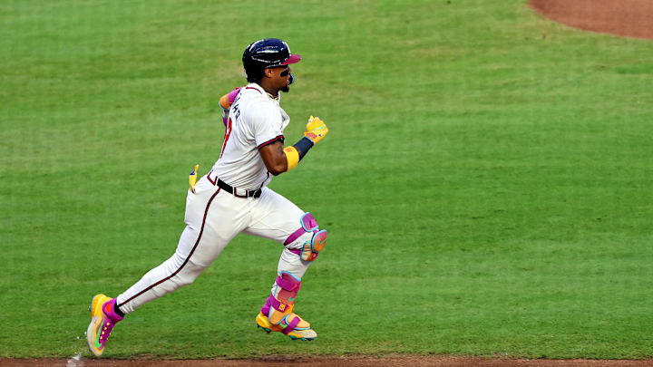 Jul 15, 2025; Cumberland, Georgia, USA; National League outfielder Ronald Acuna Jr. (13) of the Atlanta Braves runs to first base during the first inning during the 2025 MLB All Star Game at Truist Park. Mandatory Credit: Jordan Godfree-Imagn Images