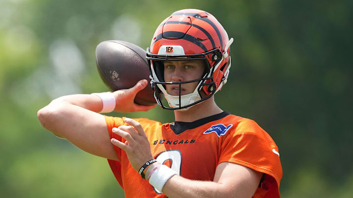 Jun 10, 2025; Cincinnati, OH, USA; Cincinnati Bengals quarterback Joe Burrow (9) during practice at Paycor Stadium. Mandatory Credit: Kareem Elgazzar-Imagn Images