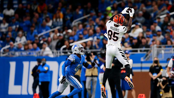 Cincinnati Bengals wide receiver Tee Higgins (85) catches a pass before a holding call brings the play back in the first quarter of the NFL Week 6 game between the Detroit Lions and the Cincinnati Bengals at Ford Field in Detroit on Sunday, Oct. 17, 2021. The Bengals led 10-0 at halftime.
Cincinnati Bengals At Detroit Lions Week 6 Cincinnati Bengals wide receiver Tee Higgins (85) catches a pass before a holding call brings the play back in the first quarter of the NFL Week 6 game between the Detroit Lions and the Cincinnati Bengals at Ford Field in Detroit on Sunday, Oct. 17, 2021. The Bengals led 10-0 at halftime.
Cincinnati Bengals At Detroit Lions Week 6