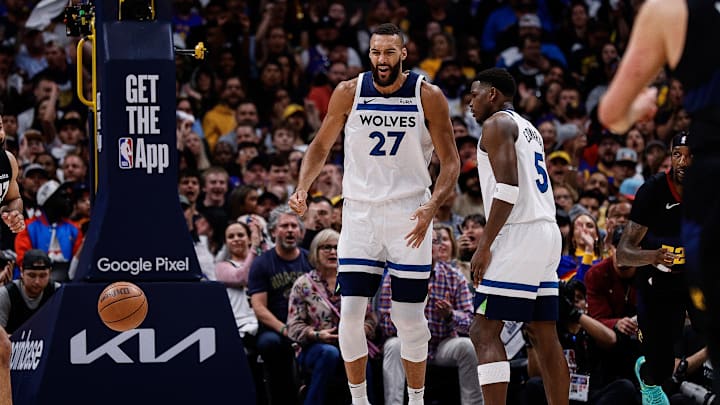 May 14, 2024; Denver, Colorado, USA; Minnesota Timberwolves center Rudy Gobert (27) reacts ahead of