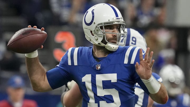 Jan 5, 2025; Indianapolis, Indiana, USA; Indianapolis Colts quarterback Joe Flacco (15) draws back to pass during a game against the Jacksonville Jaguars at Lucas Oil Stadium. Mandatory Credit: Christine Tannous/USA TODAY Network via Imagn Images