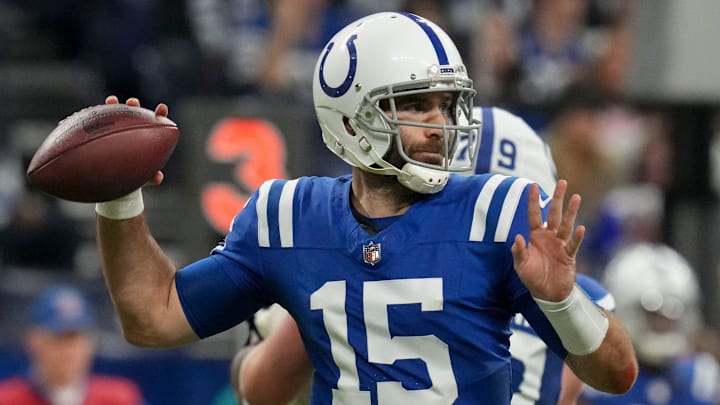 Indianapolis Colts quarterback Joe Flacco (15) draws back to pass Sunday, Jan. 5, 2025, during a game against the Jacksonville Jaguars at Lucas Oil Stadium in Indianapolis.