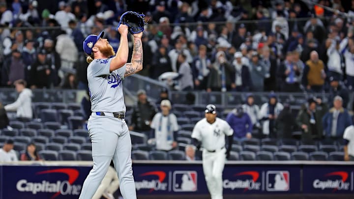 Oct 28, 2024; New York, New York, USA; Los Angeles Dodgers pitcher Michael Kopech (45) celebrates after an out during the ninth inning against the New York Yankees in game three of the 2024 MLB World Series at Yankee Stadium. Mandatory Credit: Brad Penner-Imagn Images