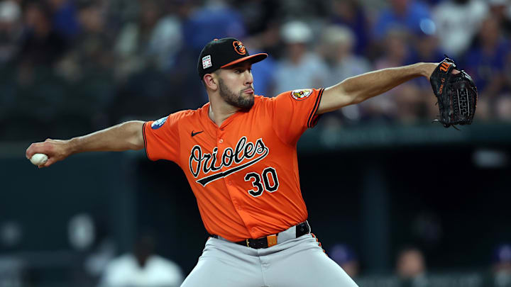 Jul 20, 2024; Arlington, Texas, USA; Baltimore Orioles pitcher Grayson Rodriguez (30) throws against the Texas Rangers in the first inning at Globe Life Field. Mandatory Credit: Tim Heitman-Imagn Images