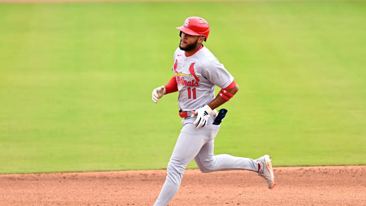 Feb 25, 2025; Dunedin, Florida, USA;St. Louis Cardinals left fielder Victor Scott II (11) rounds the bases after hitting a solo home run against the St. Louis Cardinals in the third inning of a spring training game at TD Ballpark. Mandatory Credit: Jonathan Dyer-Imagn Images