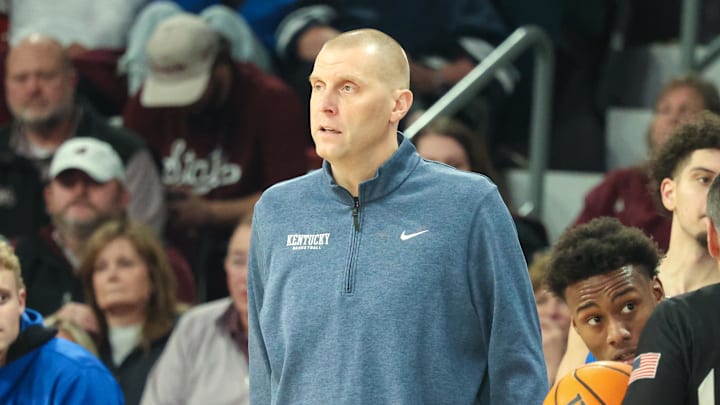 Jan 11, 2025; Starkville, Mississippi, USA; Kentucky Wildcats head coach Mark Pope looks on against the Mississippi State Bulldogs during the second half at Humphrey Coliseum. Mandatory Credit: Wesley Hale-Imagn Images