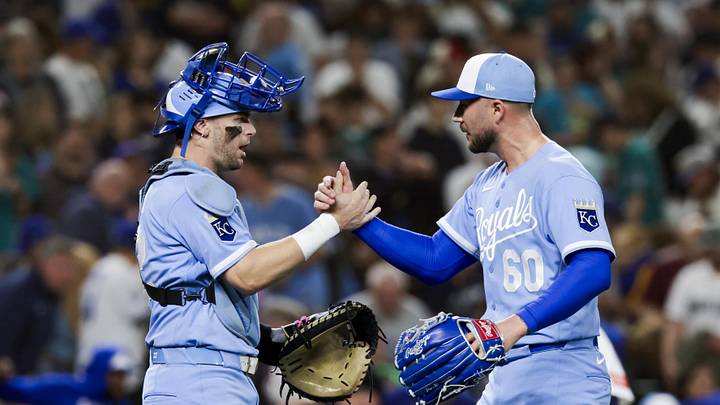 May 2, 2026; Seattle, Washington, USA; Kansas City Royals pitcher Lucas Erceg (60) shakes hands with catcher Carter Jensen (22) following a victory against the Seattle Mariners at T-Mobile Park. Mandatory Credit: Joe Nicholson-Imagn Images