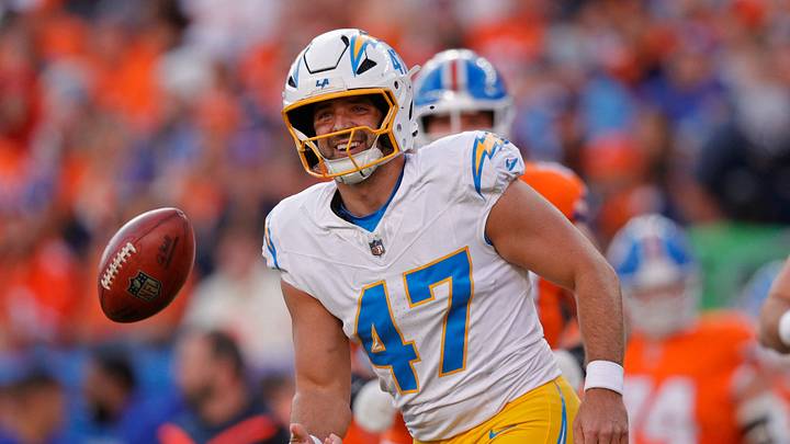 Jan 4, 2026; Denver, Colorado, USA; Los Angeles Chargers long snapper Josh Harris (47) smiles during the game against the Denver Broncos during the first half at Empower Field at Mile High. Mandatory Credit: Isaiah J. Downing-Imagn Images Jan 4, 2026; Denver, Colorado, USA; Los Angeles Chargers long snapper Josh Harris (47) smiles during the game against the Denver Broncos during the first half at Empower Field at Mile High. Mandatory Credit: Isaiah J. Downing-Imagn Images