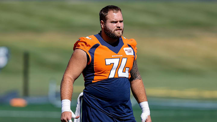 Aug 5, 2022; Englewood, CO, USA; Denver Broncos tackle Casey Tucker (74) during training camp at the