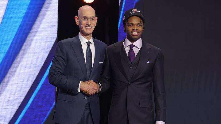 Jun 23, 2026; New York, NY, USA; NBA commissioner Adam Silver greets the seventeenth pick in the 2026 NBA draft, Stanford guard Ebuka Okorie after he was selected by the Oklahoma City Thunder at Barclays Center. Mandatory Credit: Brad Penner-Imagn Images