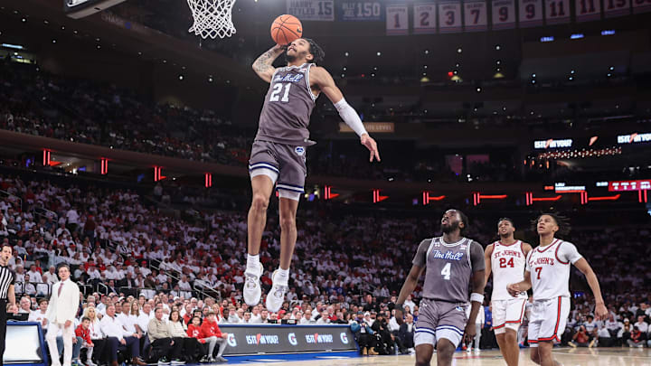 Mar 1, 2025; New York, New York, USA; Seton Hall Pirates guard Isaiah Coleman (21) goes up for a dunk in the first half against the St. John's Red Storm at Madison Square Garden. Mandatory Credit: Wendell Cruz-Imagn Images Mar 1, 2025; New York, New York, USA; Seton Hall Pirates guard Isaiah Coleman (21) goes up for a dunk in the first half against the St. John's Red Storm at Madison Square Garden. Mandatory Credit: Wendell Cruz-Imagn Images
