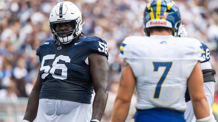 Penn State offensive lineman JB Nelson (56) prepares for the start of a play during the first half of a NCAA football game against Delaware Saturday, Sept. 9, 2023, in State College, Pa. Penn State offensive lineman JB Nelson (56) prepares for the start of a play during the first half of a NCAA football game against Delaware Saturday, Sept. 9, 2023, in State College, Pa.