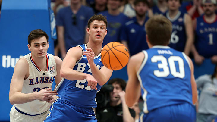 Dallin Hall lines up a 3-ball against Kansas.