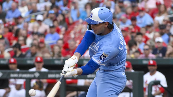 Jun 3, 2025; St. Louis, Missouri, USA;  Kansas City Royals designated hitter Jac Caglianone (14) bats against the St. Louis Cardinals during the second inning of his Major League Baseball debut at Busch Stadium. Mandatory Credit: Jeff Curry-Imagn Images