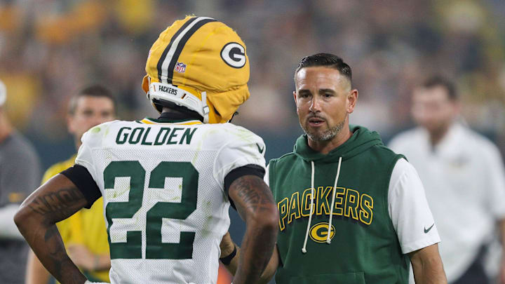 Green Bay Packers head coach Matt LaFleur talks to wide receiver Matthew Golden (22) during Family Night on Saturday, August 2, 2025, at Lambeau Field in Green Bay, Wis. 
Tork Mason/USA TODAY NETWORK-Wisconsin