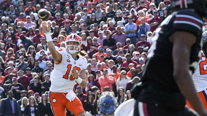 Clemson quarterback Trevor Lawrence (16) throws during the first quarter at Williams-Brice Stadium in Columbia, South Carolina Saturday, November 30, 2019.