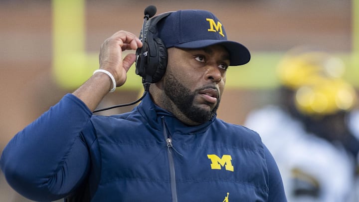 Nov 22, 2025; College Park, Maryland, USA; Michigan Wolverines head coach Sherrone Moore on the sidelines during the first quarter against the Maryland Terrapins at SECU Stadium. Mandatory Credit: Tommy Gilligan-Imagn Images Nov 22, 2025; College Park, Maryland, USA; Michigan Wolverines head coach Sherrone Moore on the sidelines during the first quarter against the Maryland Terrapins at SECU Stadium. Mandatory Credit: Tommy Gilligan-Imagn Images
