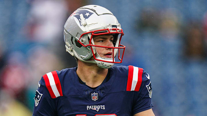 Dec 28, 2024; Foxborough, Massachusetts, USA; New England Patriots quarterback Drake Maye (10) warms up before the start of the game against the Los Angeles Chargers at Gillette Stadium. Mandatory Credit: David Butler II-Imagn Images