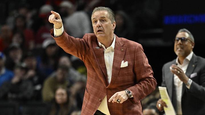 Mar 19, 2026; Portland, OR, USA; Arkansas Razorbacks head coach John Calipari in the first half against the Hawaii Rainbow Warriors during a first round game of the men's 2026 NCAA Tournament at Moda Center. Mandatory Credit: Troy Wayrynen-Imagn Images