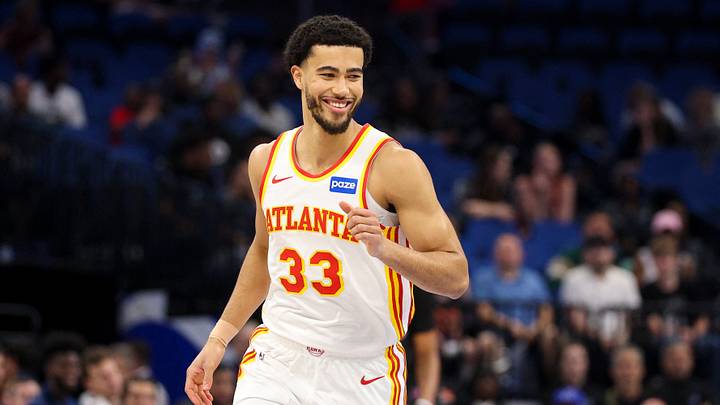 Apr 1, 2026; Orlando, Florida, USA; Atlanta Hawks guard Caleb Houstan (33) reacts after a three point basket against the Orlando Magic in the fourth quarter at Kia Center. Mandatory Credit: Nathan Ray Seebeck-Imagn Images Apr 1, 2026; Orlando, Florida, USA; Atlanta Hawks guard Caleb Houstan (33) reacts after a three point basket against the Orlando Magic in the fourth quarter at Kia Center. Mandatory Credit: Nathan Ray Seebeck-Imagn Images