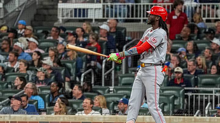 Sep 24, 2026; Cumberland, Georgia, USA; Cincinnati Reds shortstop Elly De La Cruz (44) hits a home run against the Atlanta Braves during the third inning at Truist Park. Mandatory Credit: Dale Zanine-Imagn Images