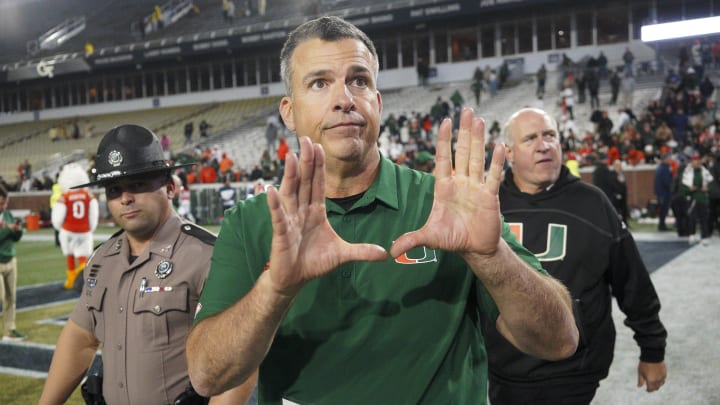 Nov 12, 2022; Atlanta, Georgia, USA; Miami Hurricanes head coach Mario Cristobal celebrates after a victory against the Georgia Tech Yellow Jackets at Bobby Dodd Stadium. Mandatory Credit: Brett Davis-USA TODAY Sports