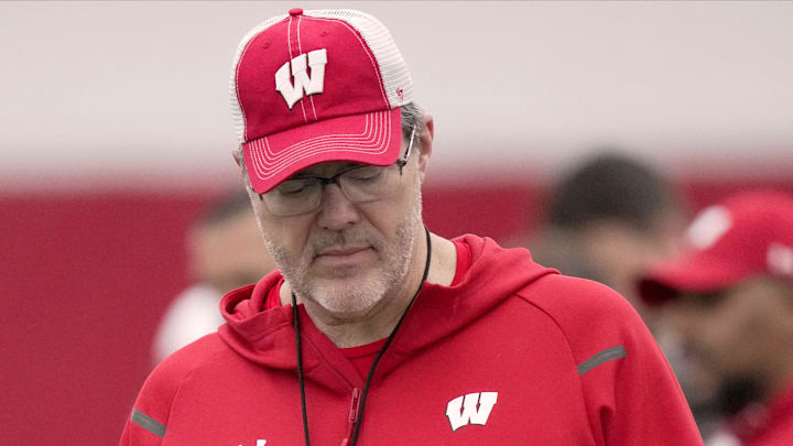 Wisconsin Badgers offensive coordinator Jeff Grimes is shown during spring football practice Thursday, April 3, 2025 in Madison, Wisconsin. Wisconsin Badgers offensive coordinator Jeff Grimes is shown during spring football practice Thursday, April 3, 2025 in Madison, Wisconsin.