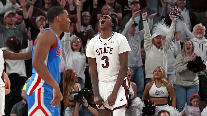 Jan 18, 2025; Starkville, Mississippi, USA; Mississippi State Bulldogs forward KeShawn Murphy (3) reacts after defeating the Mississippi Rebels at Humphrey Coliseum. Mandatory Credit: Petre Thomas-Imagn Images