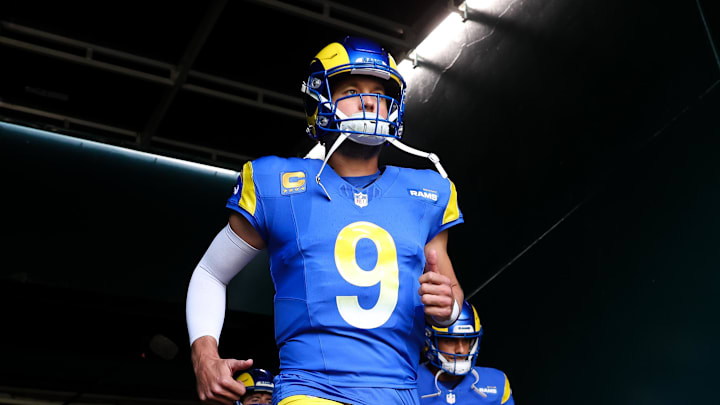 Sep 21, 2025; Philadelphia, Pennsylvania, USA; Los Angeles Rams quarterback Matthew Stafford (9) runs out of the tunnel for a game against the Philadelphia Eagles at Lincoln Financial Field. Mandatory Credit: Bill Streicher-Imagn Images