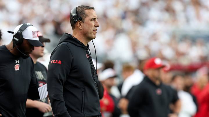 Sep 26, 2026; University Park, Pennsylvania, USA;  Wisconsin Badgers head coach Luke Fickell looks on from the sideline during the first quarter against the Penn State Nittany Lions at West Shore Home Field at Beaver Stadium.  Mandatory Credit: Matthew O'Haren-Imagn Images
