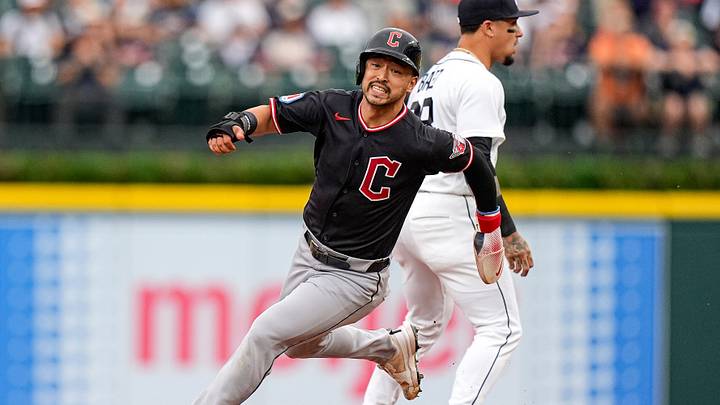 Cleveland Guardians center fielder Steven Kwan (38) runs past second base against Detroit Tigers during the first inning at Comerica Park in Detroit on Wednesday, August 12, 2026. Cleveland Guardians center fielder Steven Kwan (38) runs past second base against Detroit Tigers during the first inning at Comerica Park in Detroit on Wednesday, August 12, 2026.