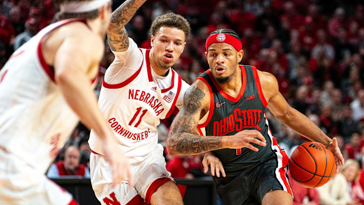 Jan 23, 2024; Lincoln, Nebraska, USA; Ohio State Buckeyes guard Roddy Gayle Jr. (1) drives against