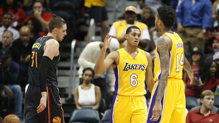 Nov 2, 2016; Atlanta, GA, USA; Los Angeles Lakers guard Jordan Clarkson (6) celebrates a play with forward Brandon Ingram (14) as Atlanta Hawks forward Mike Muscala (31) is shown on the play in the fourth quarter of their game at Philips Arena. The Lakers won 123-116. Mandatory Credit: Jason Getz-Imagn Images Nov 2, 2016; Atlanta, GA, USA; Los Angeles Lakers guard Jordan Clarkson (6) celebrates a play with forward Brandon Ingram (14) as Atlanta Hawks forward Mike Muscala (31) is shown on the play in the fourth quarter of their game at Philips Arena. The Lakers won 123-116. Mandatory Credit: Jason Getz-Imagn Images