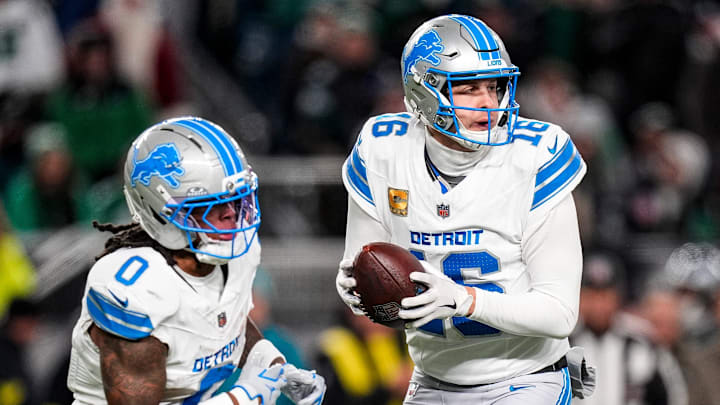 Detroit Lions quarterback Jared Goff (16) looks to pass against Philadelphia Eagles during the first half at Lincoln Financial Field in Philadelphia on Sunday, November 16, 2025.