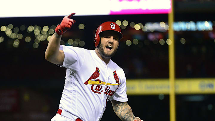 Sep 10, 2018; St. Louis, MO, USA; St. Louis Cardinals first baseman Matt Adams (15) celebrates after hitting a three run home run against Pittsburgh Pirates relief pitcher Edgar Santana (not pictured) during the eighth inning at Busch Stadium. Sep 10, 2018; St. Louis, MO, USA; St. Louis Cardinals first baseman Matt Adams (15) celebrates after hitting a three run home run against Pittsburgh Pirates relief pitcher Edgar Santana (not pictured) during the eighth inning at Busch Stadium.