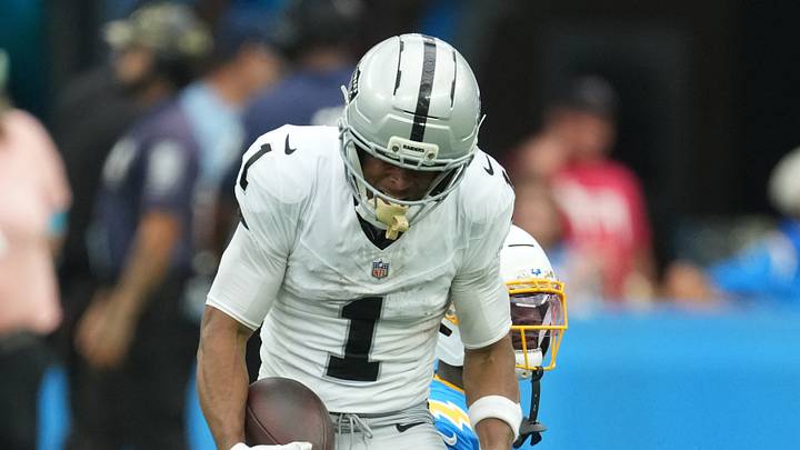 Sep 20, 2026; Inglewood, California, USA; Las Vegas Raiders wide receiver Tre Tucker (1) reacts after a play against the Los Angeles Chargers during the first half at SoFi Stadium. Mandatory Credit: Kirby Lee-Imagn Images Sep 20, 2026; Inglewood, California, USA; Las Vegas Raiders wide receiver Tre Tucker (1) reacts after a play against the Los Angeles Chargers during the first half at SoFi Stadium. Mandatory Credit: Kirby Lee-Imagn Images
