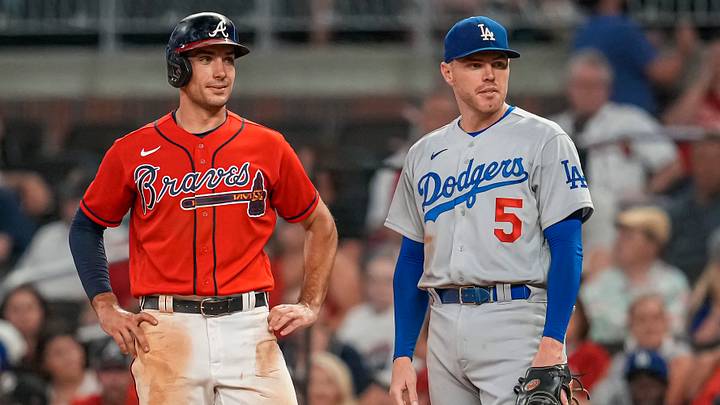 Jun 24, 2022; Cumberland, Georgia, USA; Atlanta Braves first baseman Matt Olson (28) on base next to Los Angeles Dodgers first baseman Freddie Freeman (5) during the ninth inning at Truist Park. Mandatory Credit: Dale Zanine-USA TODAY Sports Jun 24, 2022; Cumberland, Georgia, USA; Atlanta Braves first baseman Matt Olson (28) on base next to Los Angeles Dodgers first baseman Freddie Freeman (5) during the ninth inning at Truist Park. Mandatory Credit: Dale Zanine-USA TODAY Sports