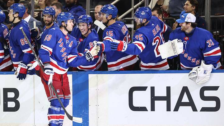 Sep 24, 2026; New York, New York, USA; New York Rangers left wing Will Cuylle (50) celebrates with his teammates after scoring the shootout winning goal against the New Jersey Devils at Madison Square Garden. Mandatory Credit: Wendell Cruz-Imagn Images Sep 24, 2026; New York, New York, USA; New York Rangers left wing Will Cuylle (50) celebrates with his teammates after scoring the shootout winning goal against the New Jersey Devils at Madison Square Garden. Mandatory Credit: Wendell Cruz-Imagn Images