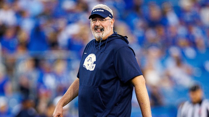 Sep 16, 2023; Lexington, Kentucky, USA; Akron Zips head coach Joe Moorhead walks off the field
