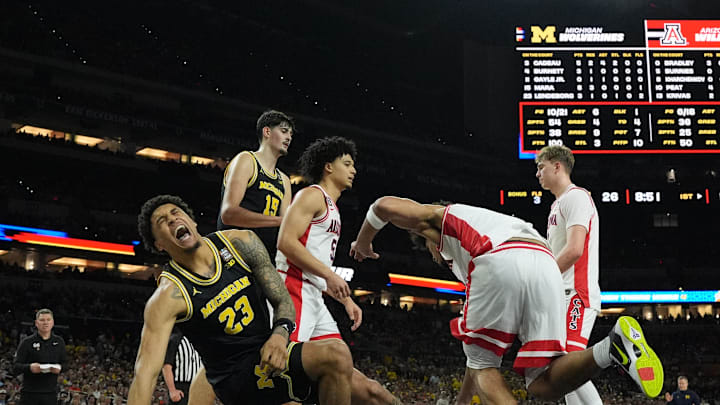 Apr 4, 2026; Indianapolis, IN, USA; Michigan Wolverines forward Yaxel Lendeborg (23) reacts after driving to the basket against the Arizona Wildcats in the first half during a semifinal of the Final Four of the men's 2026 NCAA Tournament at Lucas Oil Stadium. Mandatory Credit: Robert Deutsch-Imagn Images Apr 4, 2026; Indianapolis, IN, USA; Michigan Wolverines forward Yaxel Lendeborg (23) reacts after driving to the basket against the Arizona Wildcats in the first half during a semifinal of the Final Four of the men's 2026 NCAA Tournament at Lucas Oil Stadium. Mandatory Credit: Robert Deutsch-Imagn Images