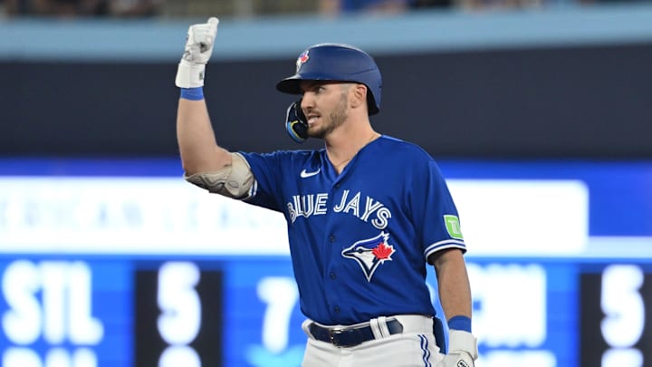 Sep 12, 2023; Toronto, Ontario, CAN;   Toronto Blue Jays first baseman Spencer Horwitz (48) reacts