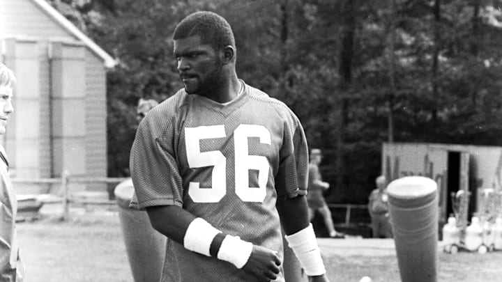 Giants linebacker Lawrence Taylor ended his three-week holdout and joined his teammates at the Giants training camp at Pace University in Pleasantville August 14, 1983. Taylor, a first-round draft choice out of North Carolina in 1981, has been an All-Pro performer his first two years in the league.