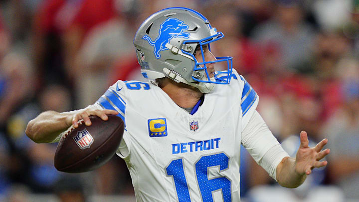 Detroit Lions quarterback Jared Goff (16) drops back to pass against the Kansas City Chiefs during the first half at GEHA Field at Arrowhead Stadium. Detroit Lions quarterback Jared Goff (16) drops back to pass against the Kansas City Chiefs during the first half at GEHA Field at Arrowhead Stadium.