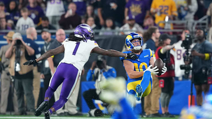 Jan 13, 2025; Glendale, AZ, USA; Los Angeles Rams wide receiver Cooper Kupp (10) makes a catch against the Minnesota Vikings during the second half in an NFC wild card game at State Farm Stadium. Mandatory Credit: Joe Camporeale-Imagn Images
